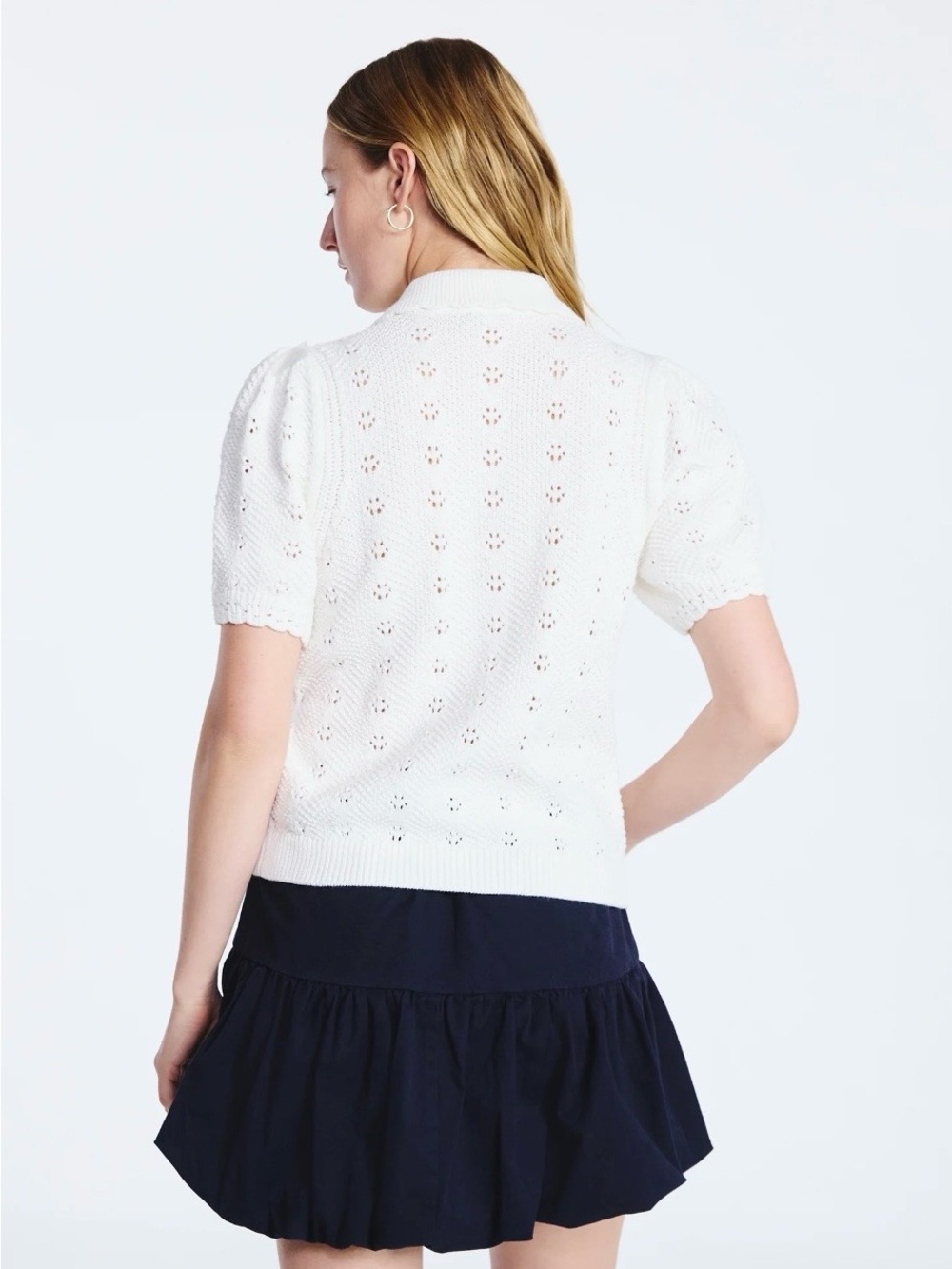 Free Assembly Women's Cotton Pointelle Cardigan Sweater with Short Sleeves - Picture 3 of 5